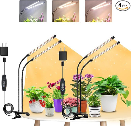 Grow Lights for Indoor Plants, 4 Heads Full Spectrum LED Plant Lamps with Clips and 10 Feet Cables for Seeding Growing(2 Pack)