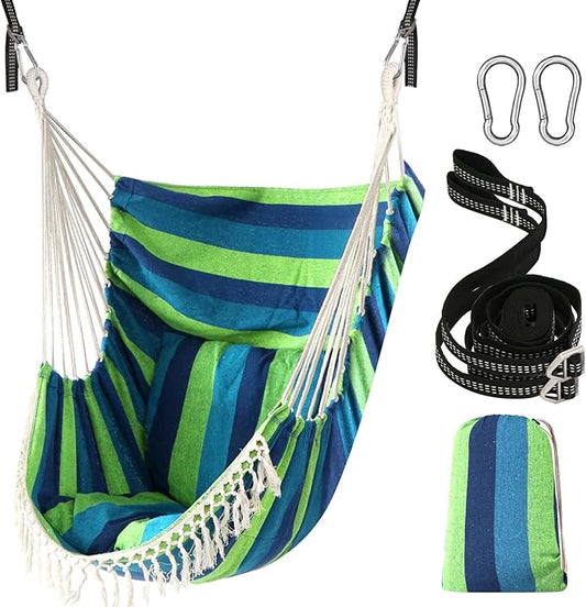 Chihee Hammock Chair Hanging Swing 2 Pillows Included,Strong Webbing Straps and Hooks for Easy Hanging Soft Cotton Hanging Chair Side Pocket Tassel Chair Comfort Indoor Outdoor Blue Green