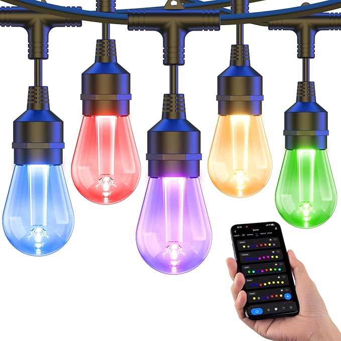 XMCOSY+ Smart Outdoor String Lights, 98Ft Patio Lights Waterproof, App Control, Compatible with Alexa, RGBCWIC Color Changing LED String Light for Outside