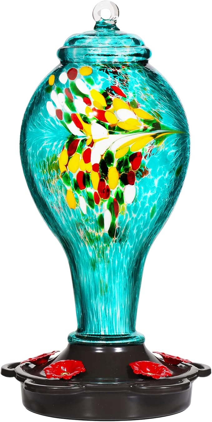LUJII Hummingbird Feeder for Outdoors, Hand Blown Glass Humming Bird Feeder, Anti Fade Leakproof with 25 Ounces Nectar Capacity, Easy to Install Clean Refill, Include Hook & Ant Moat (Teal)