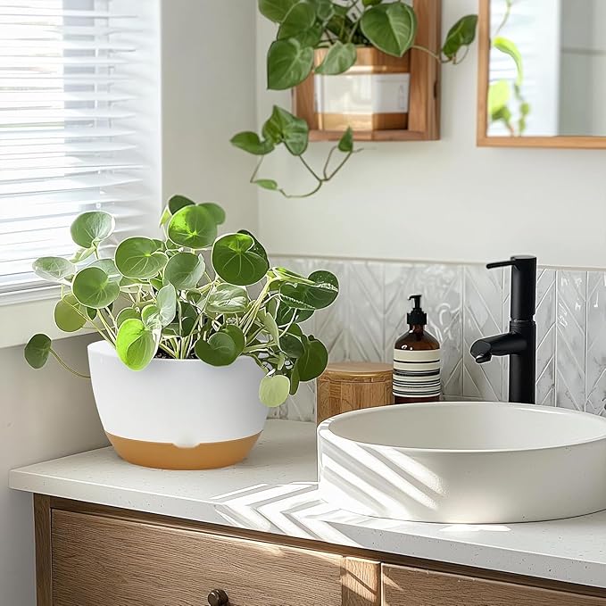 10 Inch Pots for Indoor Plants, Large Self Watering Planters with Drainage and Saucers, Plastic Outdoor Flower Pot, Set of 2, White