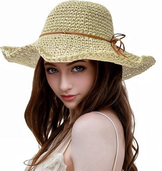 Womens Straw Beach Sun Hats, Foldable Packable Floppy Handmade Crochet Hats for Women,Large Summer Vacation Wide Brim Hat