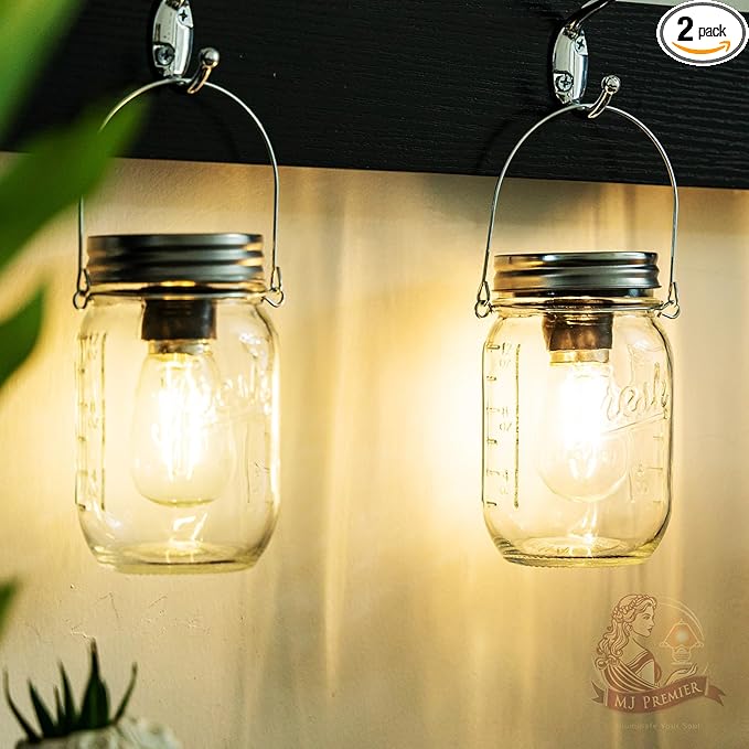 MJ Outdoor Mason Jar Lights Hanging Battery Operated Lamp Timer Cordless Lamps 2-Pack LED Decorative Garden Lanterns Glass Light for Patio Camping Courtyard Backyard Tree Hallway Stairs( Transparent)