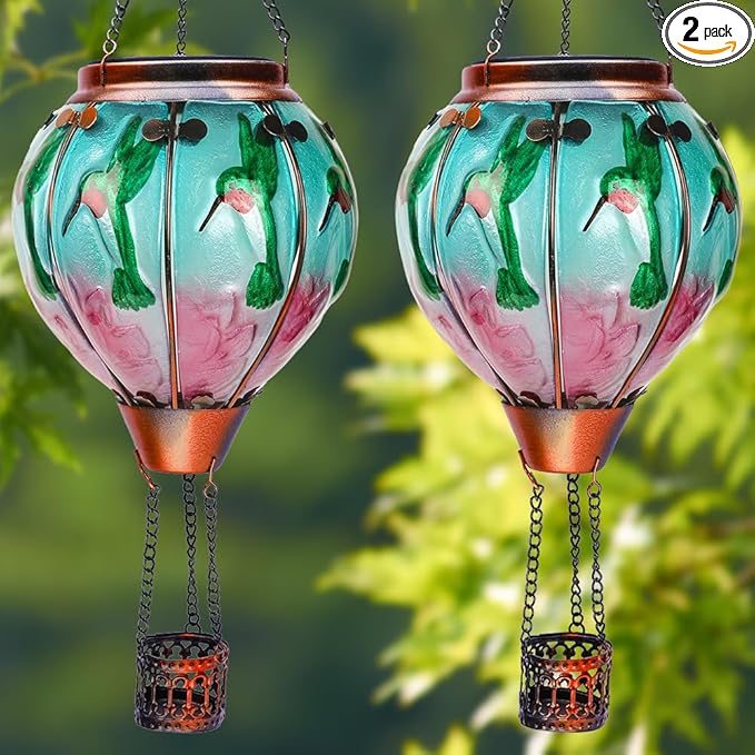2PCS Solar Hot Air Balloon Lanterns with Flame Glass Hot Air Balloon Lights with 2PCS Shepherd's Hooks Waterproof Hanging Outdoor Solar Lantern for Yard Patio Christmas Decor (Hummingbird)