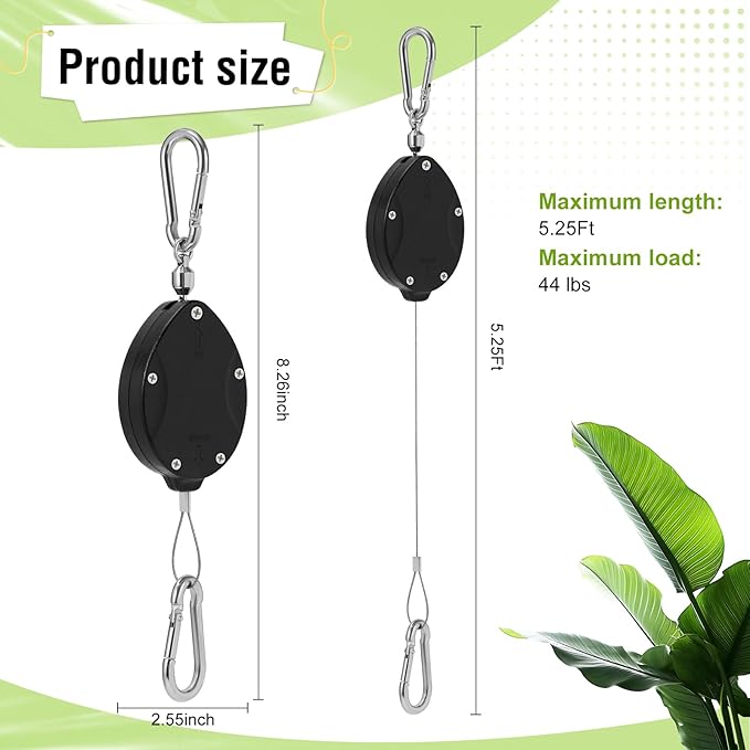 Plant Pulleys for Hanging Plants, Heavy Duty Retractable Hangers, 304 Stainless Steel Rope, Auto Plant Holder, Adjustable Climbing Hook for Garden Baskets Watering, or Bird Feeders (Black-4)