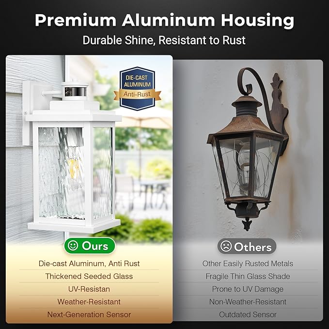 VIANIS Large Adjustable Sensitivity Motion Sensor Exterior Porch Lights, White Dusk to Dawn Outdoor Lighting, Anti-Rust Waterproof Front Porch Light for Garage, Front Door