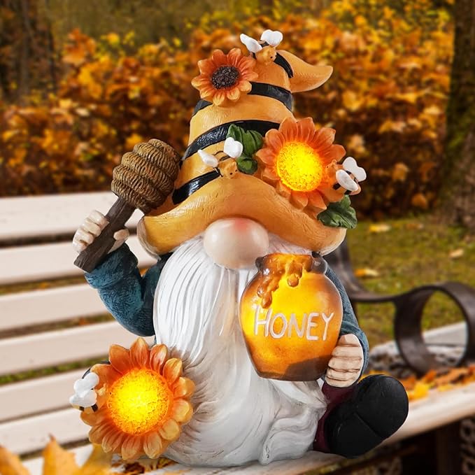 Hodao Spring Resin Garden Bumble Bee Themed Gnome Decorations-Solar-Powered Radiance-Honey Gnomes World Day Gifts Summer Lawn Garden Porch Sculptures & Statues Decorations