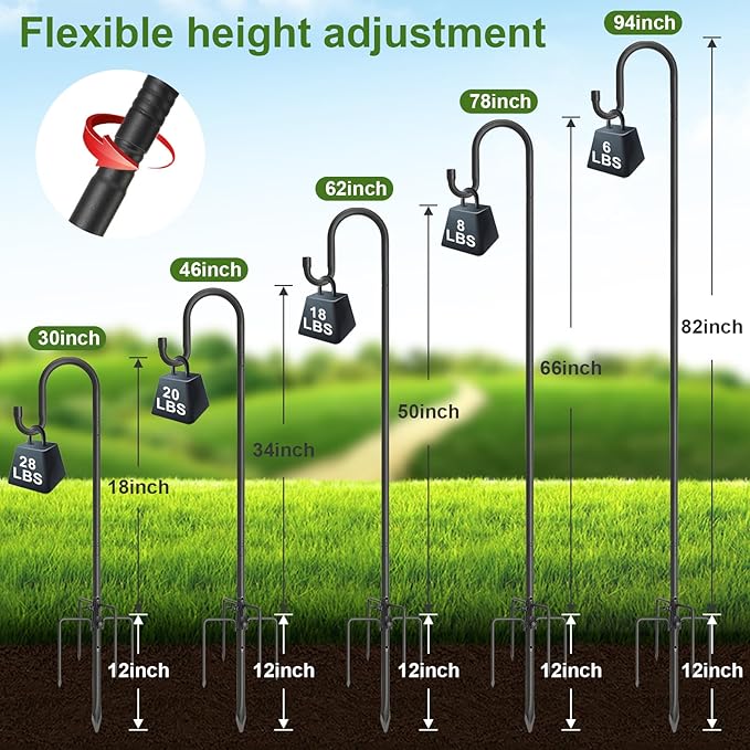 Bird Feeder Pole with Shepherds Hook - Heavy Duty Hummingbird Feeder Stand with 5 Prong,78" Adjustable Rustproof Garden Hooks Outdoor for Hanging Birdfeeder,Wind Chimes,Lanterns,Solar Lights,Black