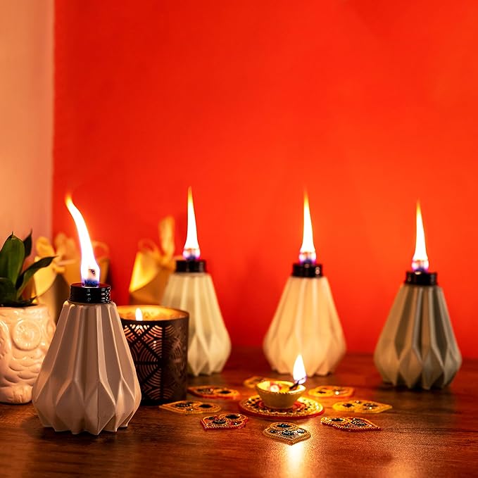 Deco Window Pack of 4 Table Torch for Indoor Outdoor Citronella Oil Tabletop Ceramic Lamp Landscape Multicolored Lantern with Fiberglass Wick & Cap for Garden Patio Yard Party Decor Light