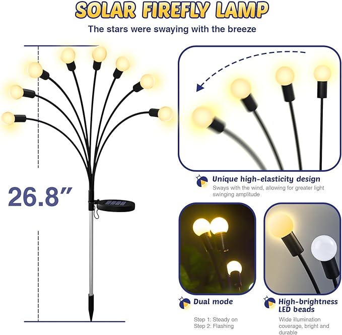 Solar Firefly Lights 2 Pack 16 LED Lights 2 Lighting Modes for Garden,Patio and Yard Solar-Powered LED Lights (Warm White, 2)