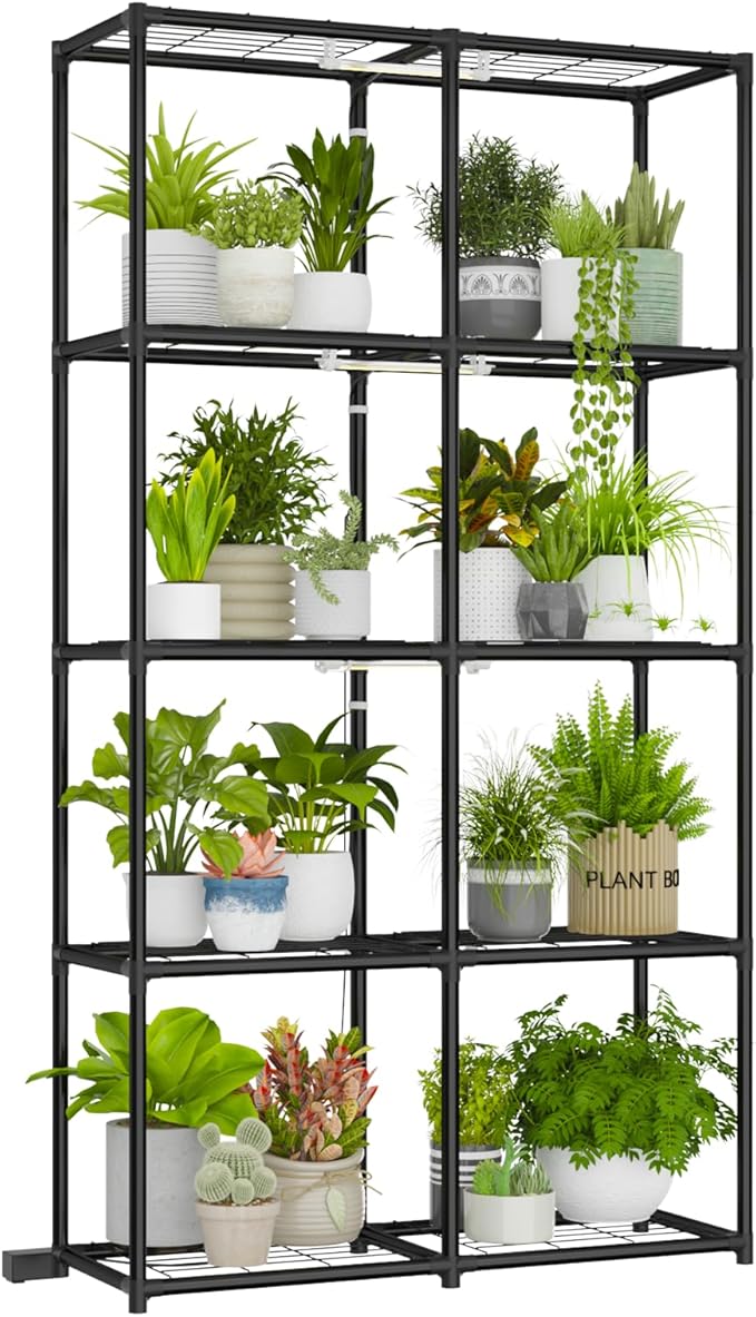 Plant Stand With Grow Light Indoor Outdoor Tall Wide Plant Shelf Metal Waterproof Black Plant Rack for Multiple Plant Holder Flower Pot Table 5 Tiers