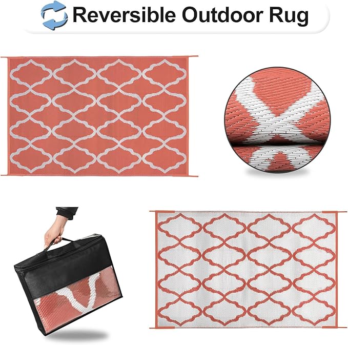 OutdoorLines Outdoor Plastic Area Rug for Patio 5x8 ft - Reversible Outside Carpet, Stain & UV Resistant RV Mats, Straw Rug for Camping, Deck Garden, Porch and Balcony, Moroccan/Orange & Light Grey