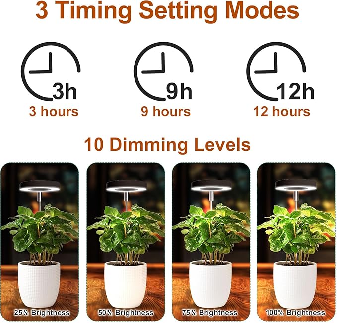 Grow Lights for Indoor Plants Small Potted - Full Spectrum, Auto 3/9/12H Timer, 10-Level Dimming & Adjustable Height - Compact Grow Light for Succulents, Herbs, Foliage in Home/Office (Black,3PACKS)