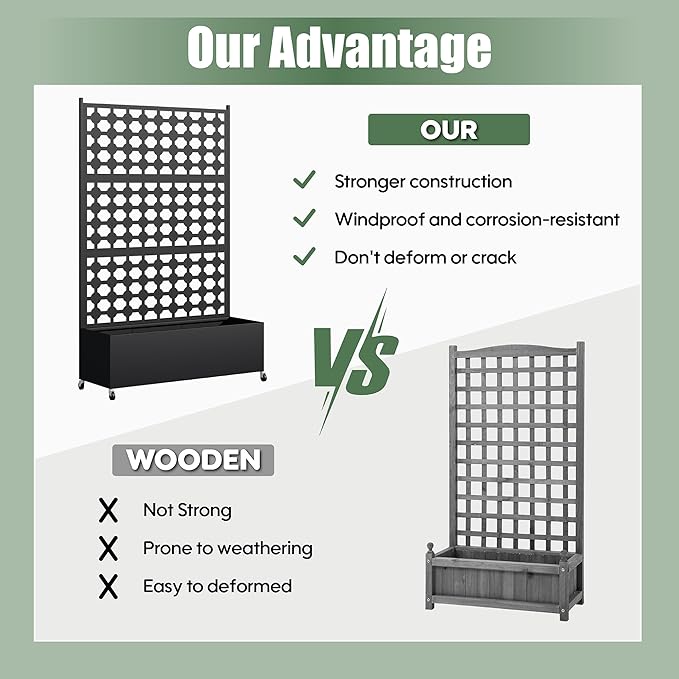 Metal Planter Box with Trellis Privacy Screen, Raised Garden Bed with Dots Trellis & Wheels, Privacy Planters for Patio, Planter Box for Climbing Plants, Flower, 73"x 47"x 16", Black