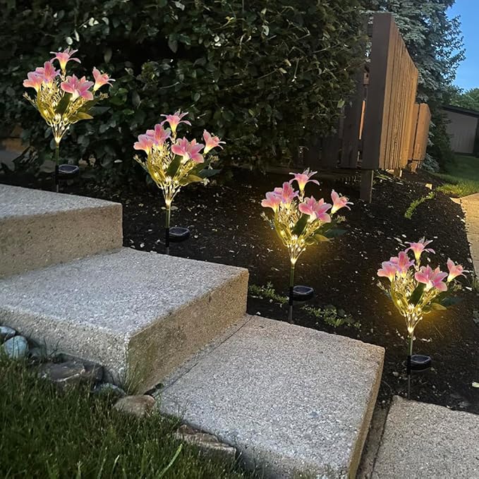 GUOCHENG Lily Flower Solar Lights Outdoor Garden, 2 Pack LED Solar Flower Lights with Lifelike Lily, Waterproof Solar Stake Lily Lights for Courtyard Pathway Flowerbed Lawn Décor(Pink)