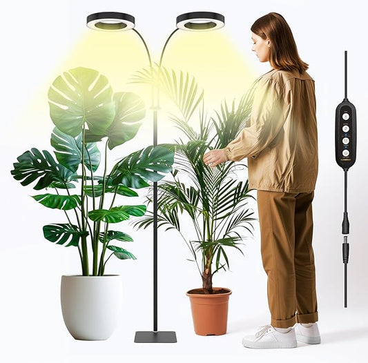 GLOWRIUM Indoor Grow Light, 40 Watt Full Spectrum LED Plant Growth Light with Stand, Adjustable Height with Timer 3/9/12 hrs, Black LED Plant Lamp
