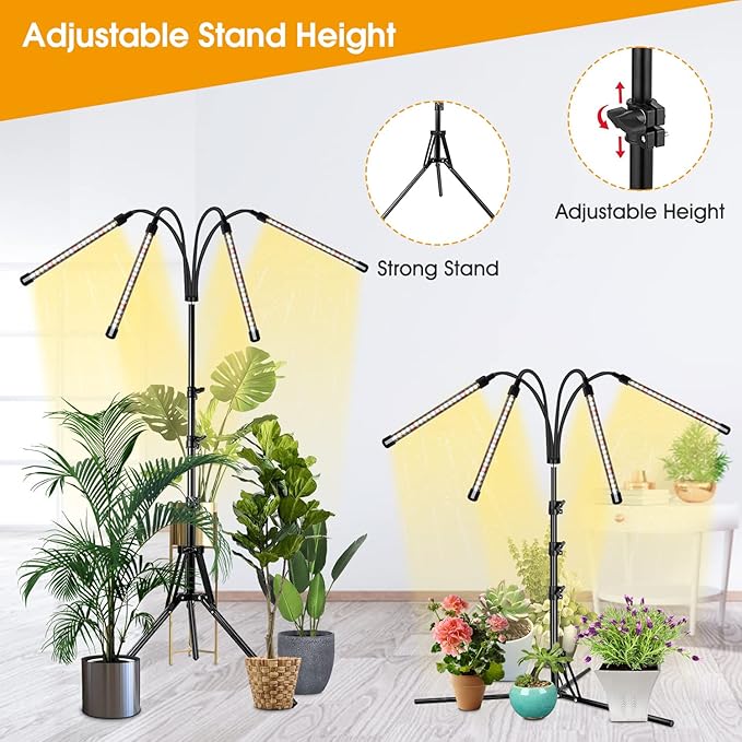 Wolezek Grow lights for Indoor Plants, 4-Head Full Spectrum LED Grow Light with Adjustable Tripod Stand 15-61 inches for Seed Starting, 3500K 6500K 660nm White Red Floor Plant Lamp with 6/12/16H Timer