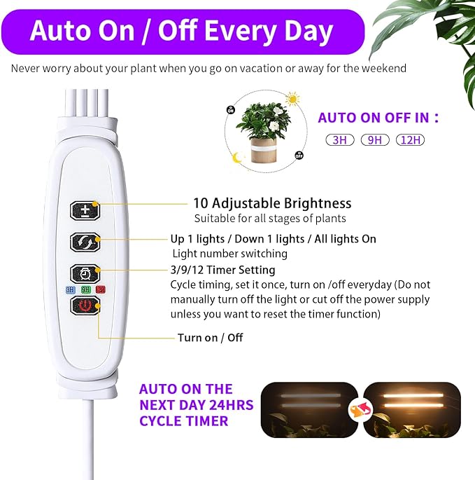 LED Grow Light Strips, Full Spectrum Plant Growing Lights for Indoor Plants 3000K, 144 LEDs Plant Lamp with 3/9/12H Timer, 10 Dimmable Levels, 3 Head 13 Inches (2 Strip 3 Pack 3000K)