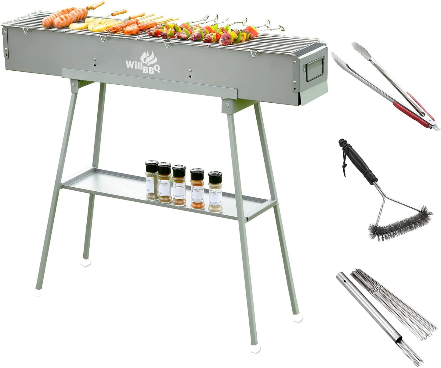 Charcoal Grills Commercial Quality Portable Multiple Size Hibachi BBQ Lamb Skewer Folded Camping Barbecue Grill(39.4x7.1x5.1 inch With Accessories)