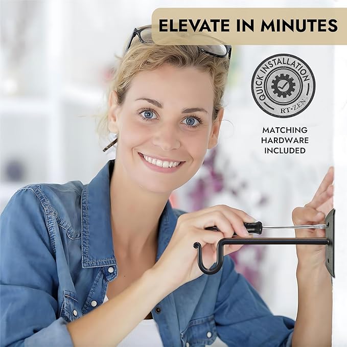 RTZEN Plant Hangers Outdoor or Indoor - Wrought Iron Metal Hanger Indoor Hook - Heavy Duty Wall Bracket Hooks for Hanging Plants Baskets Lanterns Wind Chimes - 2 Pack (Black Shepherds Hooks)