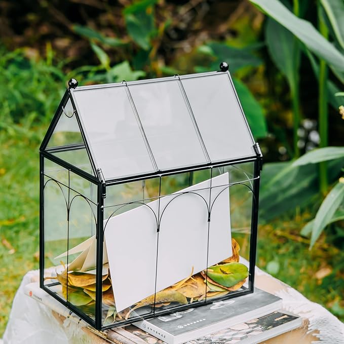 NCYP Glass Terrarium with Lid for Cacti, Succulents, Small Plants - 7.5 x 4.9 x 9 inches Closed Geometric Planter Box - Home Indoor Tabletop House Shape Decorative, Black (Terrarium Only)