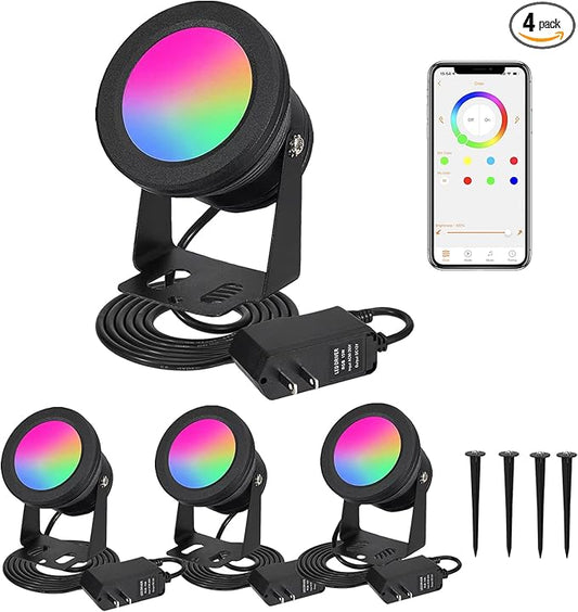 Spot Lights Outdoor, RGB Landscape Lighting 4XPack 15W IP67 Waterproof Spotlight Outdoor with Smart APP Control for Pathway Lights,LED Indoor Light(DC/AC 12V)