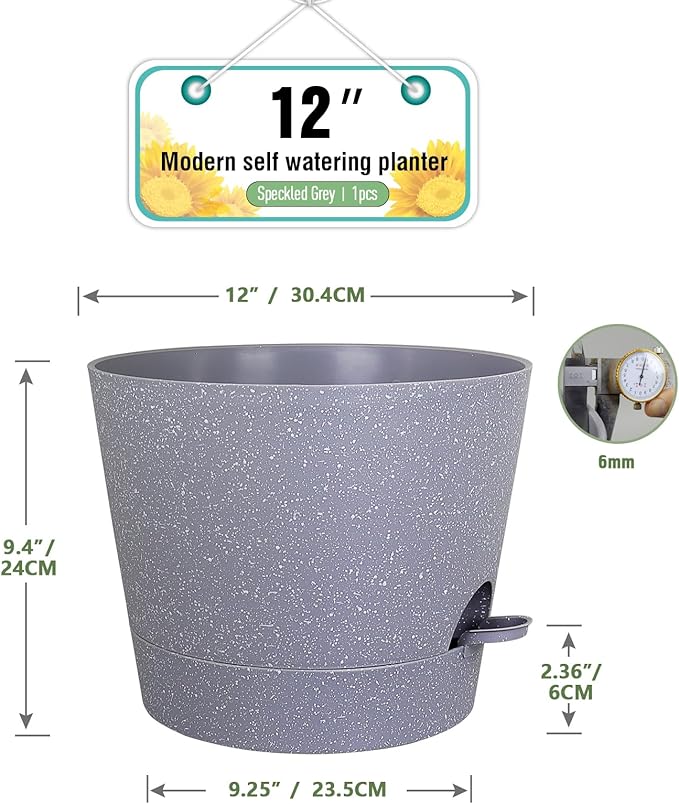 12 inch Large Self Watering Pots for Indoor Outdoor Plants, Plant Pots with Mesh Drainage Holes for Garden House Plants, Plastic Planters with Reservoir for Flower, Speckled Grey