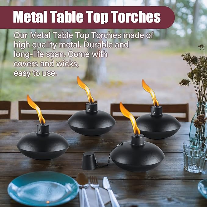 ZSZMFH 4 Pack Metal Table Top Torches,18 oz Citronella Torches for Outside， Refillable Citronella Flame Light Torch with Wicks and Covers, Landscape Lanterns Torches for Party, Garden Decor，DIY