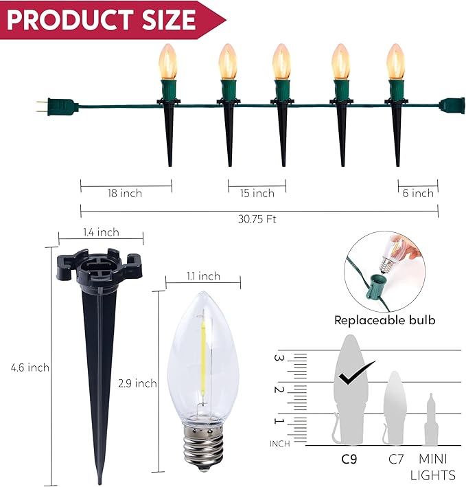 Joiedomi 30.75FT C9 Christmas Pathway Stake Lights 24 LED Jumbo Bulbs, Warm White Outdoor Walkway Decor with Green Wire Connectable for Holiday Commercial Xmas Yard Garden Lawn