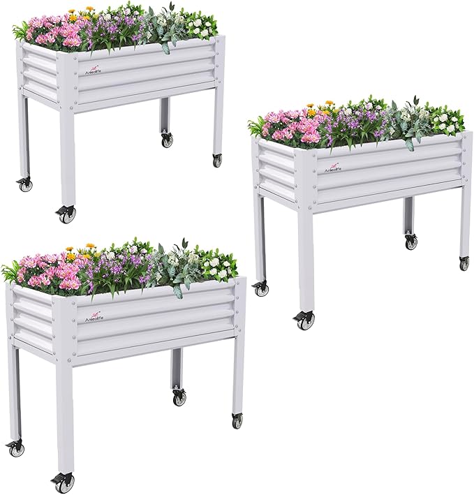 A ANLEOLIFE 3-Set Galvanized Raised Garden Bed with Legs,48x24x35in Large Elevated Planter Box on Wheels with Drainage Holes for Backyard, Balcony, Patio, 600lb Capacity, Antique White