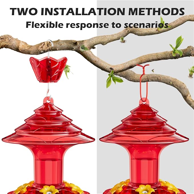 Birdream Hummingbird Feeder for Outdoors Hanging, 20oz Hummingbird Feeders with 5 Bee Guard Feeding Ports & Built-in Ant Moat Brush Leak-Proof for Outside Gifts for Women - Solid Red