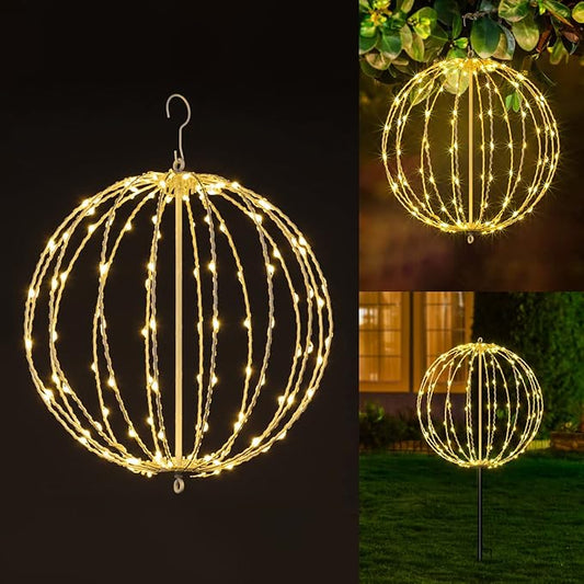Christmas Ball Light Sphere, 16IN 128LED Hanging Tree Light and Pathway Lights with Hook and Stake, Foldable Metal Frame Light Ball for Outdoor Garden, UL Listed, White Frame, Warm White