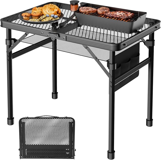 Folding Table, 2x1.3 FT Camping Table with Mesh Desktop,Folding Grill Table with Mesh Bag,Portable Outdoor for Picnic,Camping,BBQ,Beach(Black)