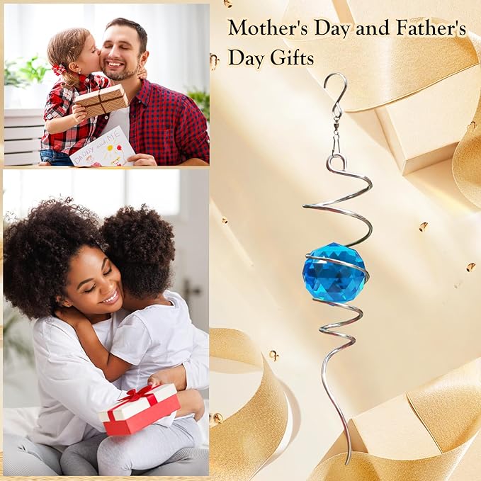 Gazing Ball Spiral Tail with Blue Glass Orb, 3D Wind Spinners Stabilizer, Wind Spinner Spiral, Hanging Rotating Art Decor - Visual Illusion in Spinning, Indoor Outdoor Garden Decoration 13in