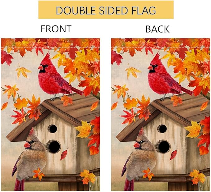 BLKWHT Fall Cardinal Bird Garden Flag 12x18 Vertical Double Sided Maple Leaves Welcome Autumn Thanksgiving Holiday Outside Decorations Burlap Yard Flag BW829