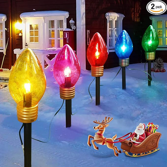 2 Pack Christmas Lights Jumbo C9 Outdoor Lawn Decorations with Pathway Marker Stakes, 8.5Ft C7 Lights Covered Jumbo Glitter Multicolor Bulb for Holiday Outside Yard Garden Decor, 10 Lights