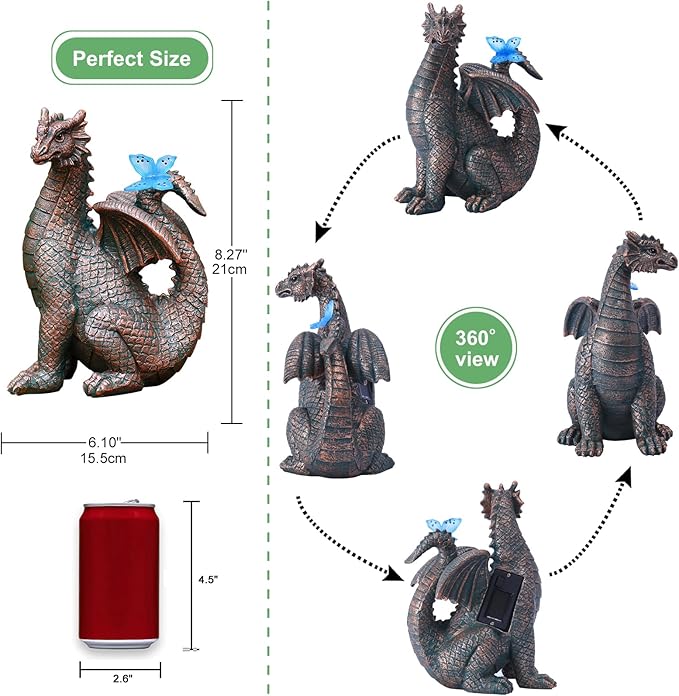 Garden Decor Solar Dragon Statues: Outdoor Sculptures with Glowing Butterfly for Lawn Ornaments Yard Art Porch Patio Balcony - Gifts for Mom Grandma Women