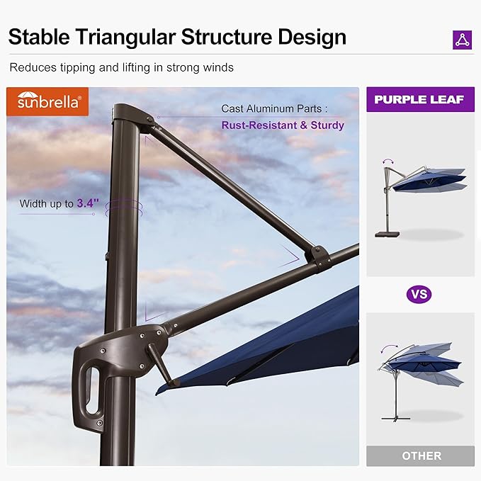 PURPLE LEAF 10FT Cantilever Patio Umbrella with 360-degree Rotation Aluminum Round Outdoor Offset Handing Umbrella for Patio Pool, Spectrum Indigo