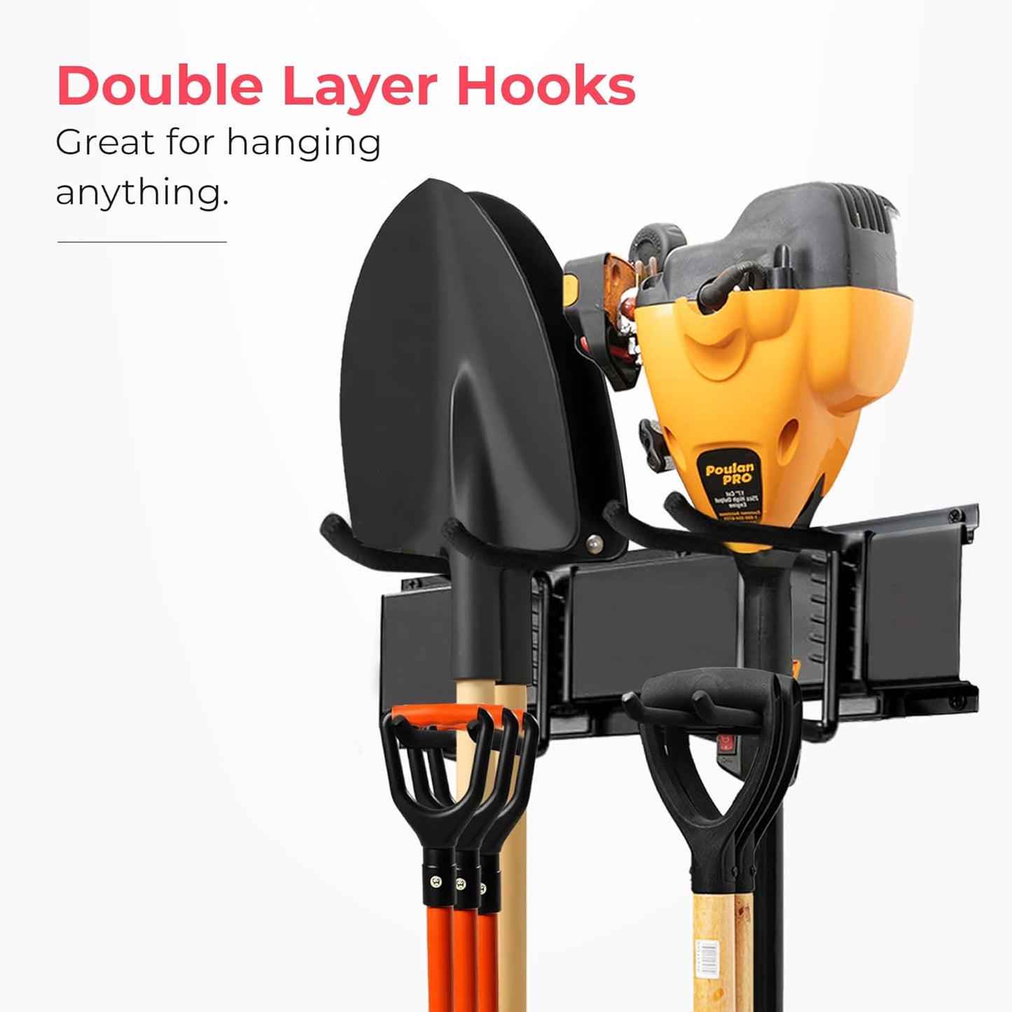 Garage Wall Organizer | 48" Heavy-Duty Tool Storage Rack | Adjustable Double-Layer Hooks | 300 lbs Capacity | Carbon Steel Wall Mount Holder for Shovels, Rakes, Ladders & Power Tools