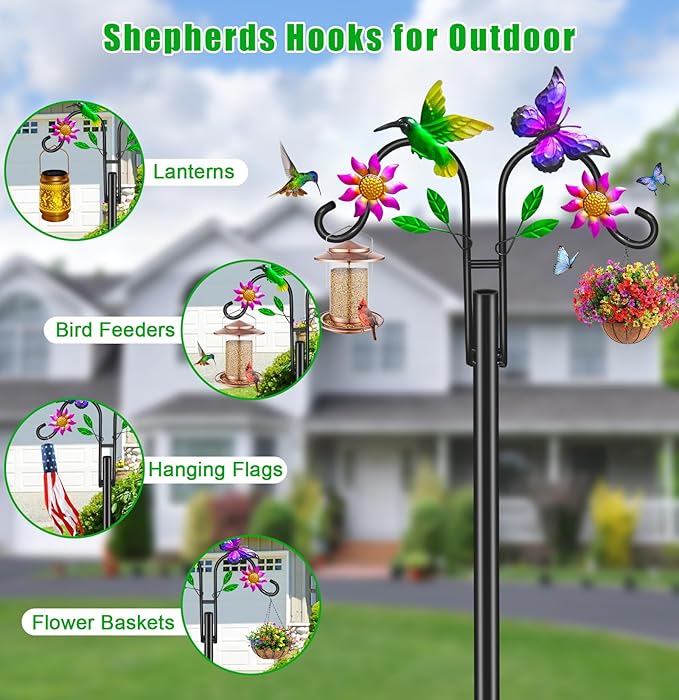 Double Shepherds Hooks for Outdoor, Artistic Hummingbird & Flower Design, 5 - Prong Base, Ideal for Bird Feeders, Baskets & Lanterns (1 Pack)