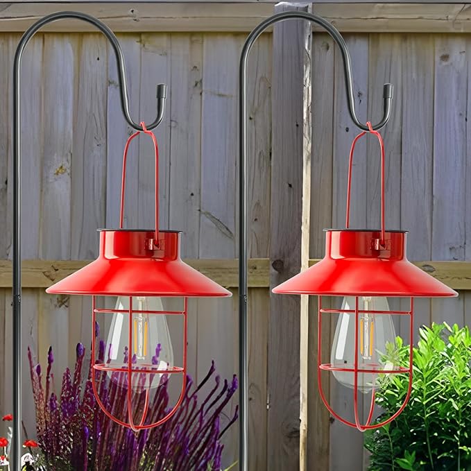 Solar Lantern with Shepherd Hook, Solar Lights Lantern lamp, Outdoor Lights Decor, Water Resistant Edison Bulb Lights for Garden Decor ,Outside Decor for Pathways,Patio, Lawn or Yard (Red，2 Pack)