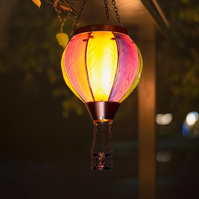 Solar Hot Air Balloon Lantern with Flame Outdoor Lights, Solar Lantern Gardening Gifts for Mom Grandmom, Hanging Hot Air Balloon Lights Outdoor Waterproof Decor for Patio