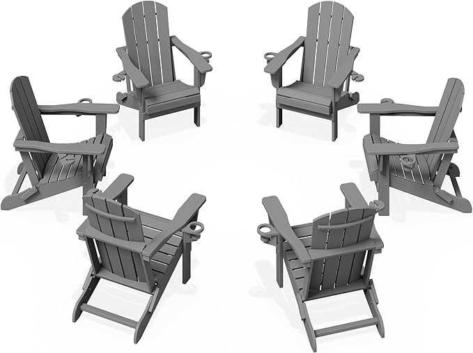 KINGYES Folding Adirondack Chair Set of 6, Dual Cup Holders & All-Weather HDPE, Wood-Like Patio Chair for Backyard, Camping, Pool & Fire Pit, Grey