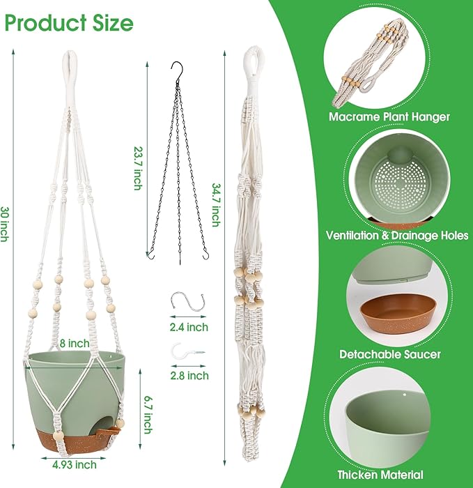 Hanging Planters for Indoor Outdoor Plants, 2 Pack Self Watering Hanging Pot with Drainage Holes, Removable Tray & 2 Kinds of Plant Hangers, 8'' Hanging Flower Pots for Home Garden Decor, Green