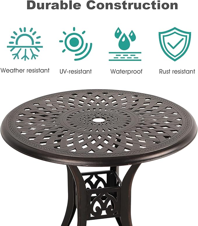 COBANA Patio Bistro Table, 31’’ Round Cast Aluminum Outdoor Dining Retro Side Table with 2’’ Umbrella Hole, Bronze