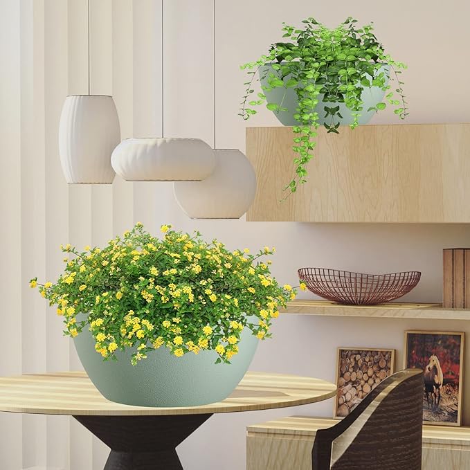 WOUSIWER 13 inch 2 Pack Large Hanging Planters for Indoor Outdoor Plants with Drainage Holes and Chain, Round Hanging Flower Pots for Garden Home Porch Decor, Green