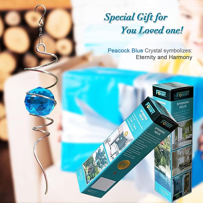 Fonmy Gazing Ball Spiral Tail -Decorative Wind Spinner Sun Catcher Rainbow Maker 11 inch Tail and 2 inch Peacock Blue Crystal Orb. Indoor Outdoor Garden Decoration -13 inch Height