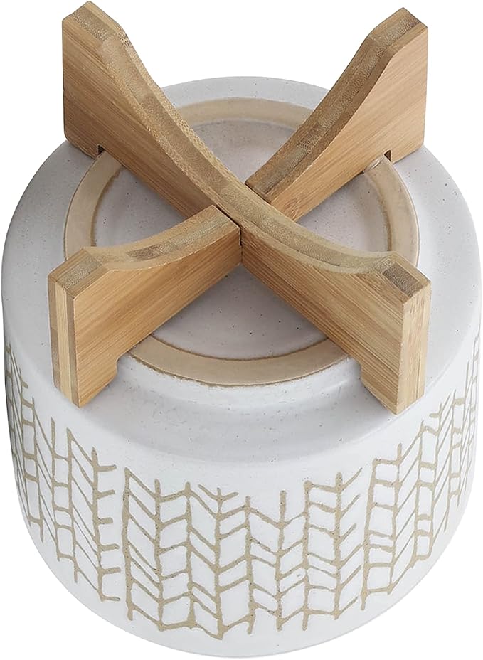 8" Ceramic Planter Stand, Ivory/Beige Chevron with Wooden Base, Indoor/Outdoor Planter with Stand for Your Succulents and Small Plants