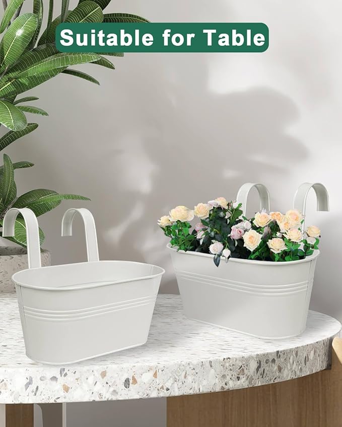 vensovo Metal Railing Planter for Outdoor Plants - 5 Pack Balcony Hanging Flower Pots with Detachable Hooks and Drain Holes Oval Bucket Rail Box Fence Planters for Home Garden Decor, White
