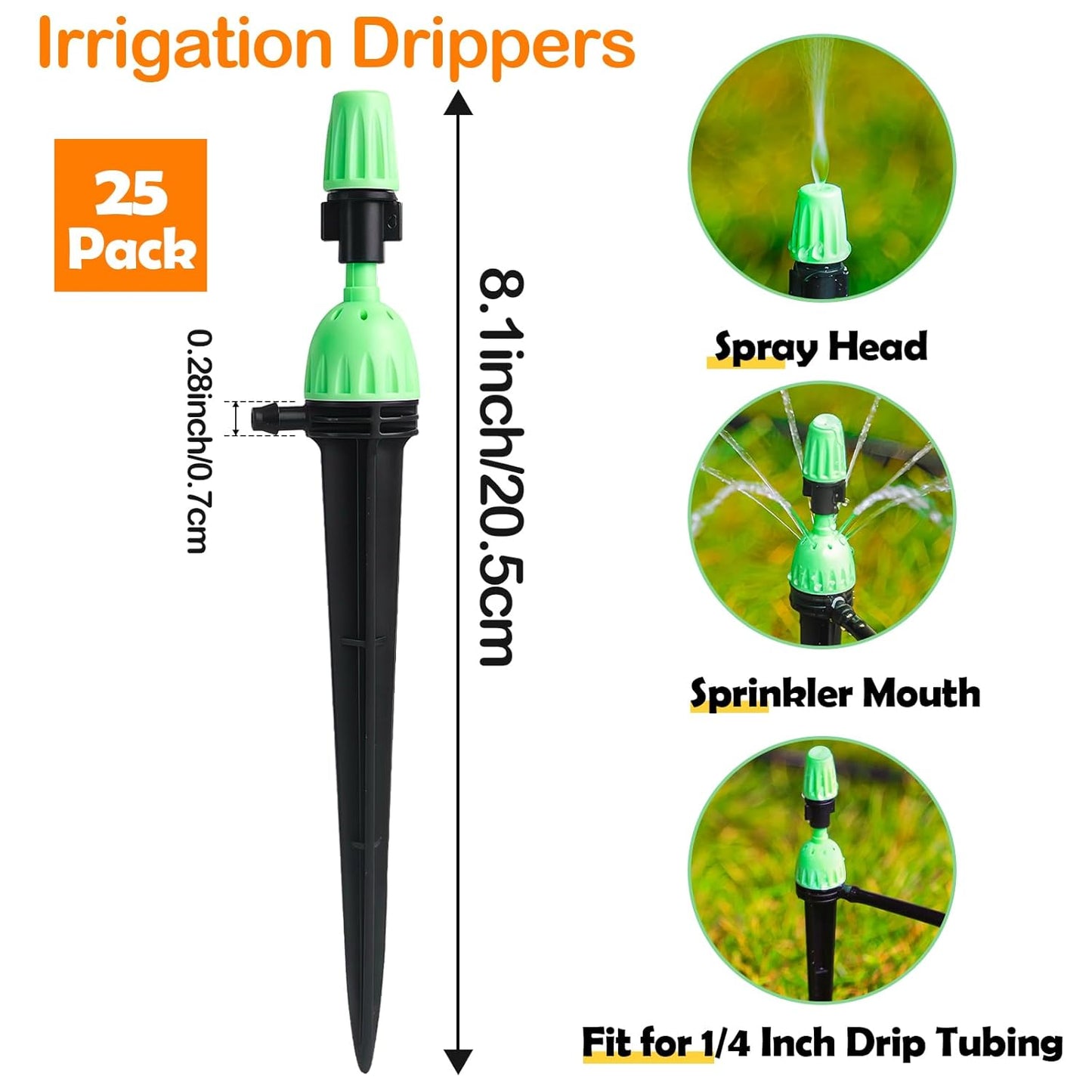 Drip Irrigation Emitters for 1/4" Irrigation Tubing, 25 Pack Integrated Drip Irrigation Stream Emitters & Adjustable Atomizing Nozzles with Stake Adjustable 360 Degree Water Flow Sprayer